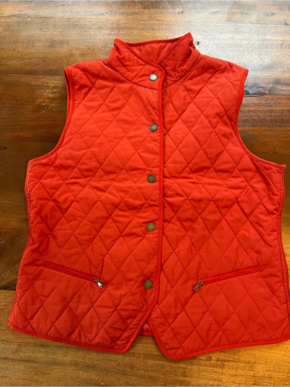 Talbots Women’s L Orange Quilted Sleeveless Mid-Length Vest Zip/Snap Pockets